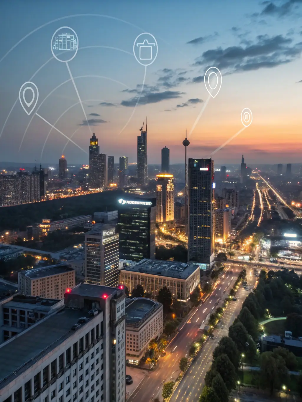 An image depicting a digital shield overlaying a cityscape, symbolizing Cybersecurity.