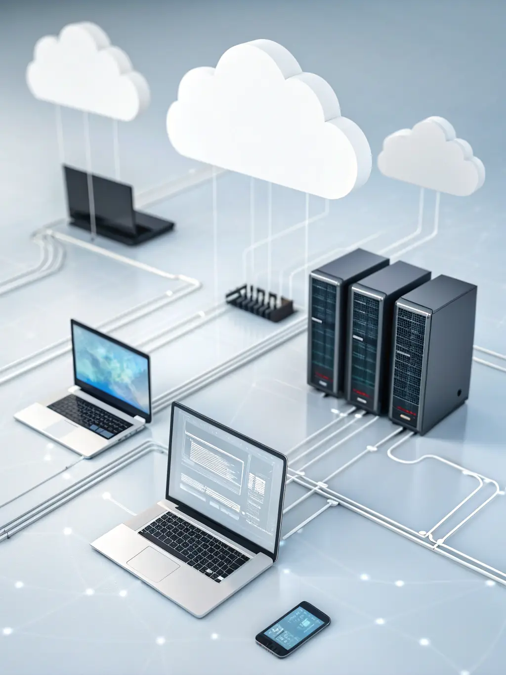 An image of cloud icons connected to various devices, illustrating Cloud Computing connectivity.