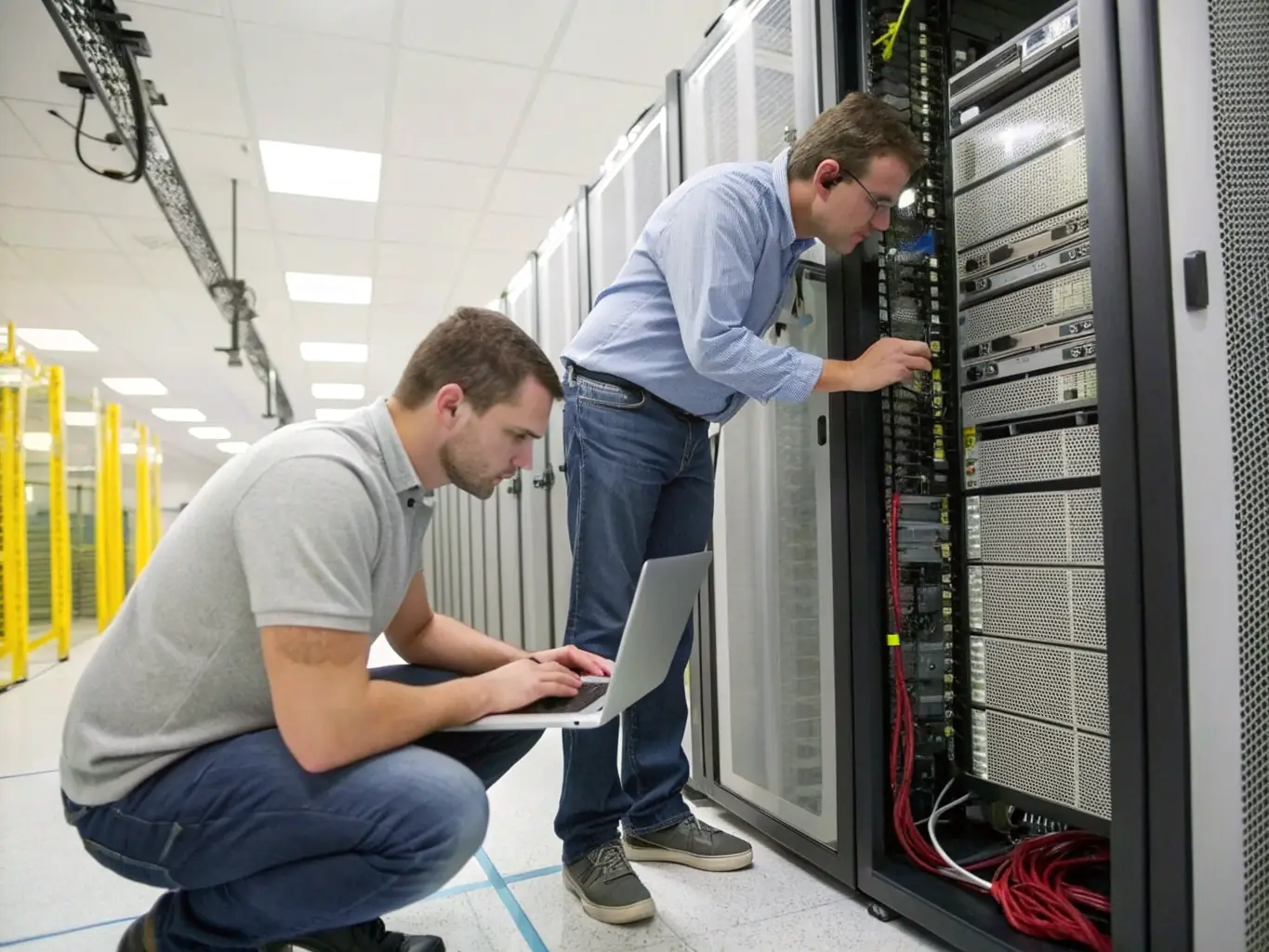 A network engineer configuring a server rack in a modern data center, symbolizing IT implementation services.
