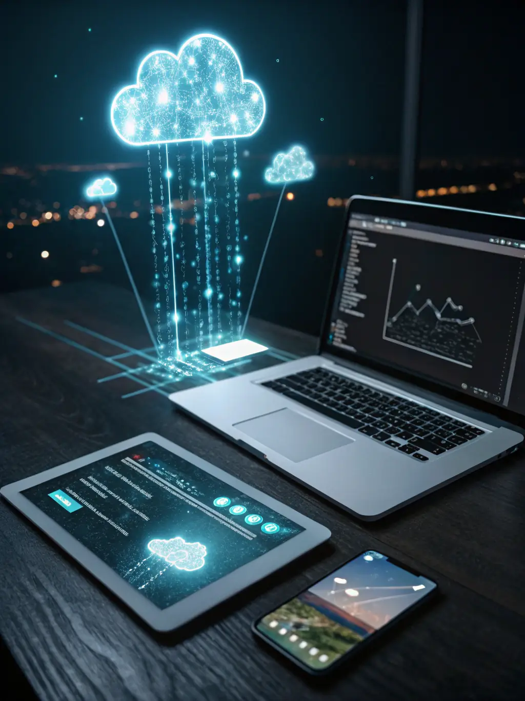 Cloud icons connected to various devices, illustrating Tech Solutions Polska's cloud computing services.